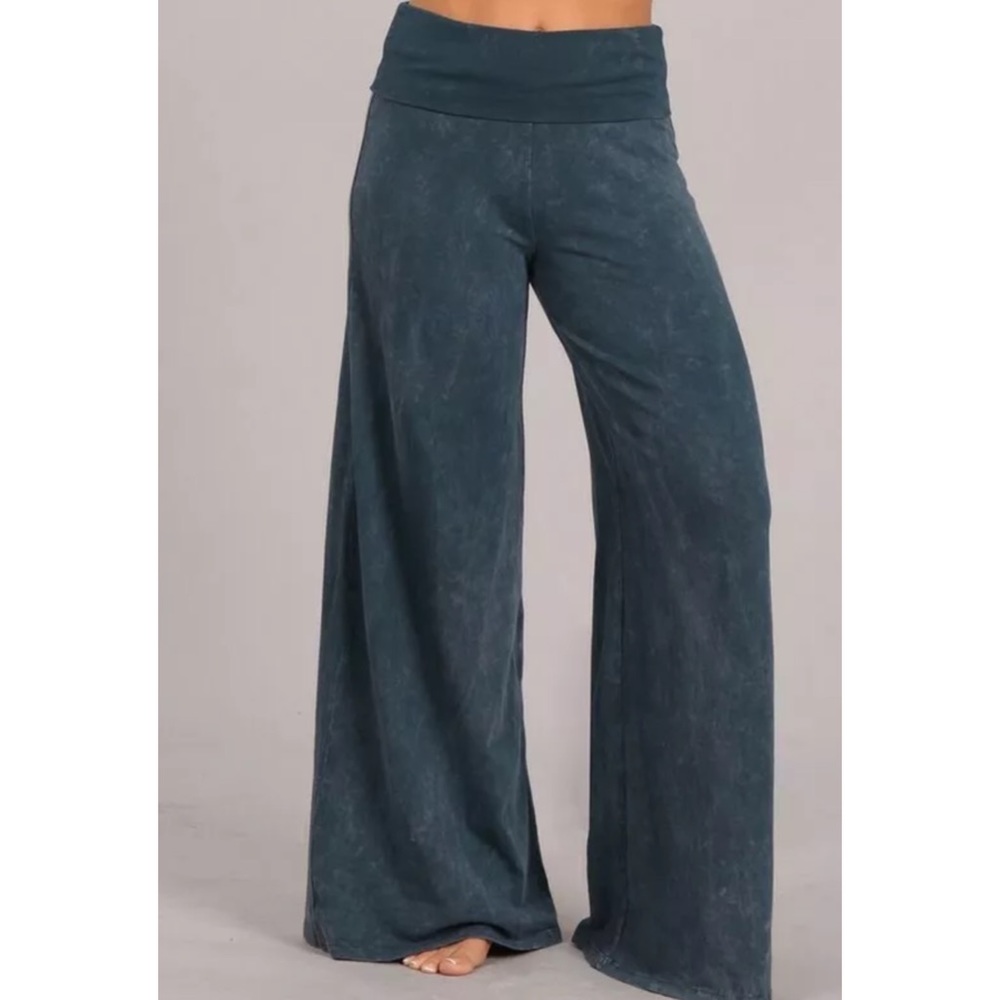 SOLD OUT Blue Gray Mineral Wash Wide Leg High Waist Palazzo Boho Casual Pull On - Picture 2 of 9
